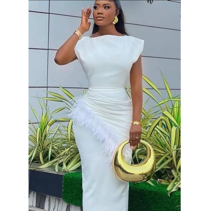 O-Neck Elegant Feather Patchwork Slim Fit Dress