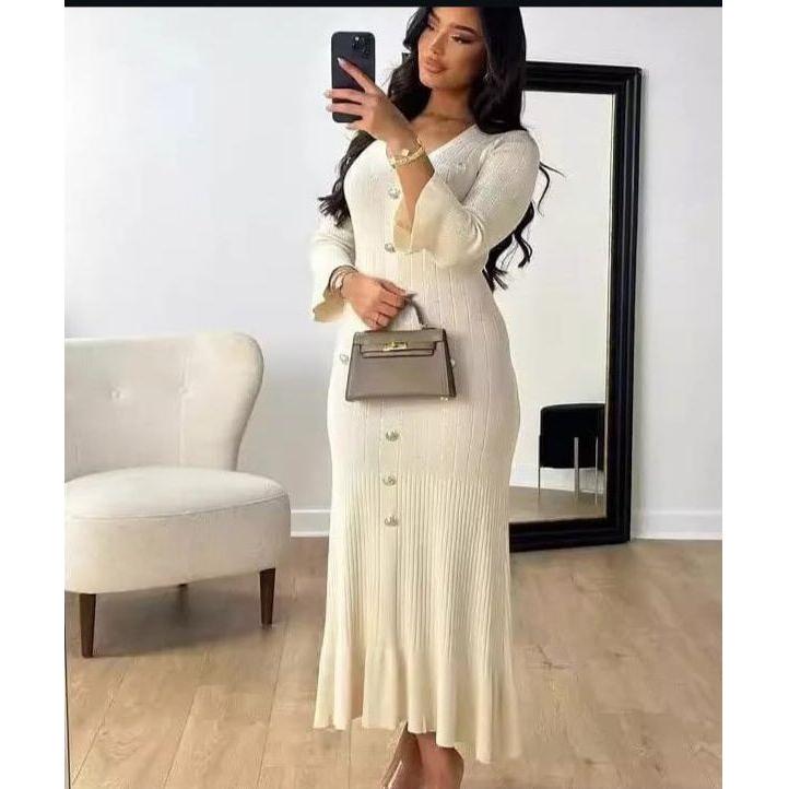 Long Sleeve V-neck Knitted Bodycon Maxi Dress