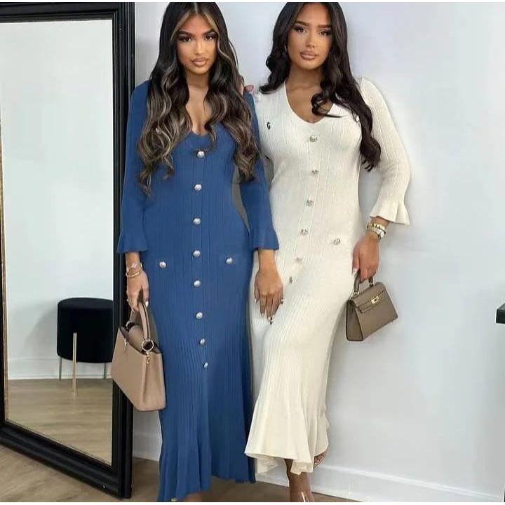 Long Sleeve V-neck Knitted Bodycon Maxi Dress
