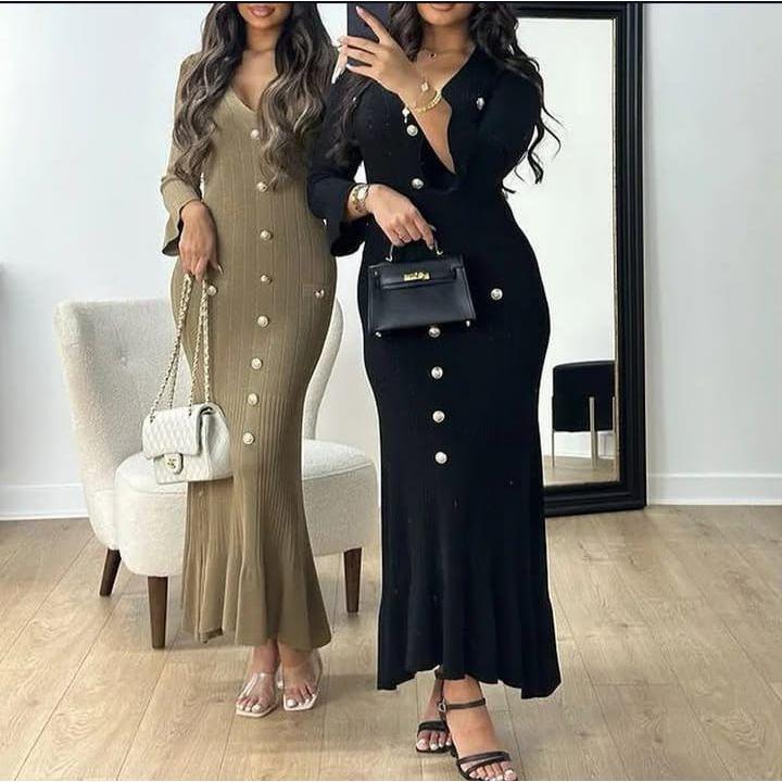 Long Sleeve V-neck Knitted Bodycon Maxi Dress