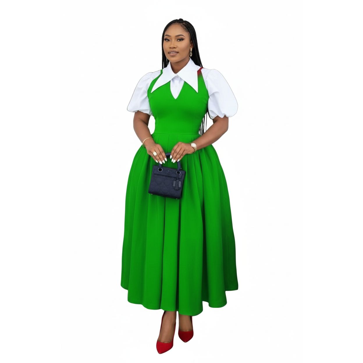 Bubble Sleeve Shirt Collar High Waist Slimming Dress