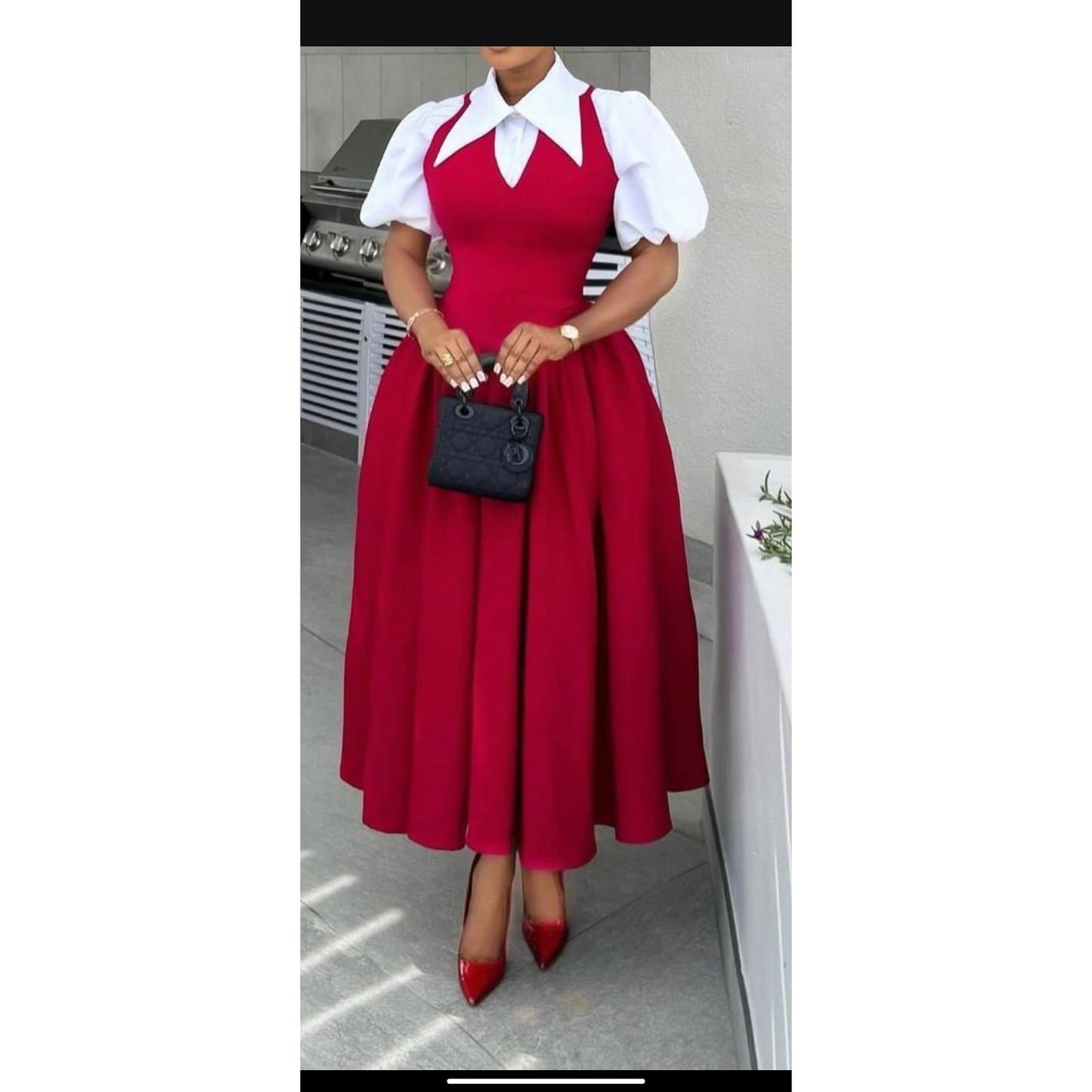 Bubble Sleeve Shirt Collar High Waist Slimming Dress