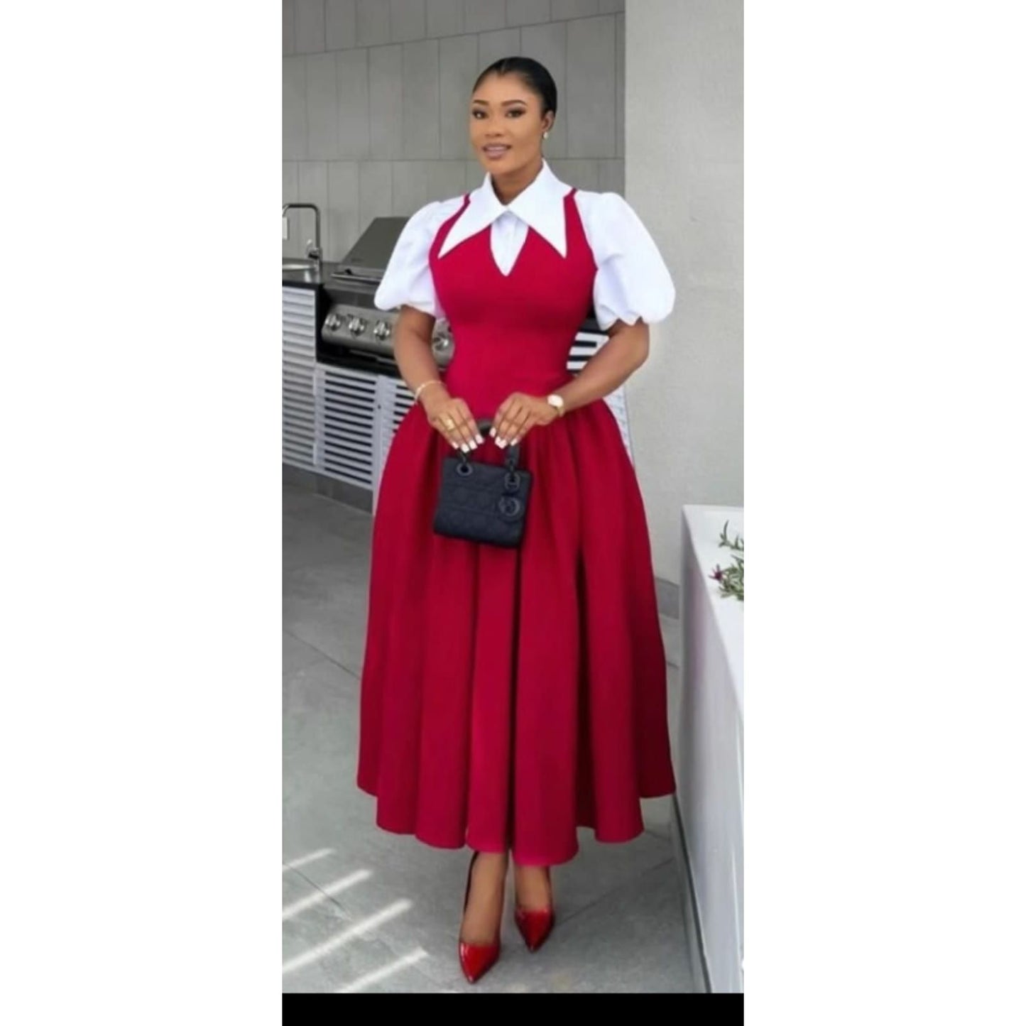 Bubble Sleeve Shirt Collar High Waist Slimming Dress