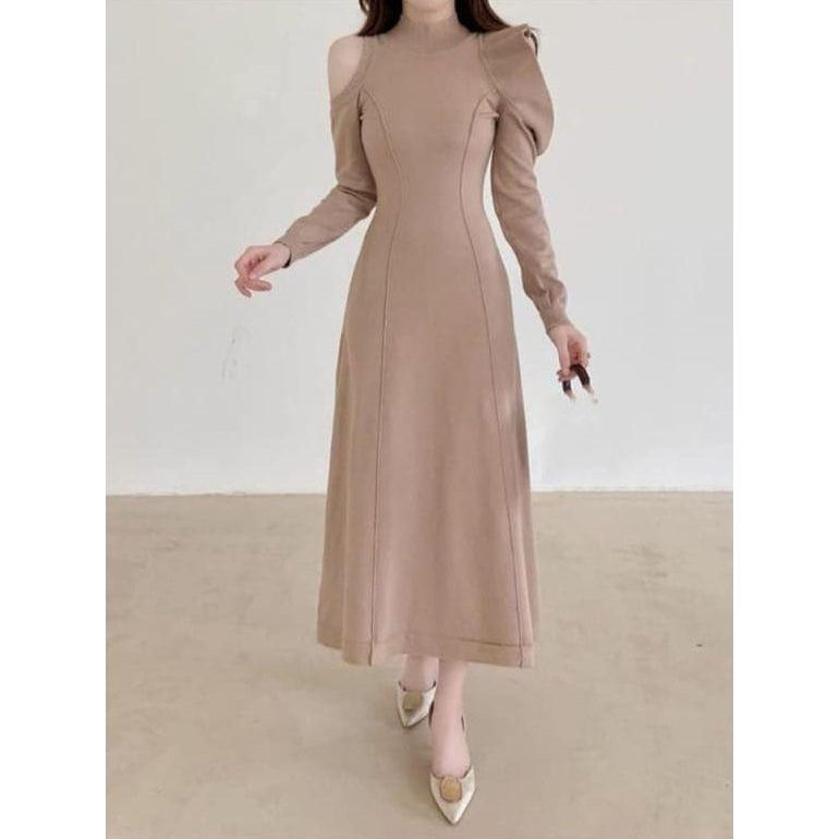 Cold Shoulder Asymmetric Neck Detail Maxi Dress