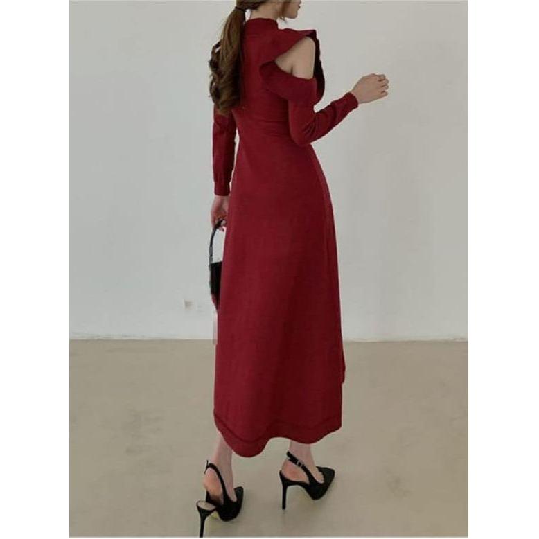 Cold Shoulder Asymmetric Neck Detail Maxi Dress