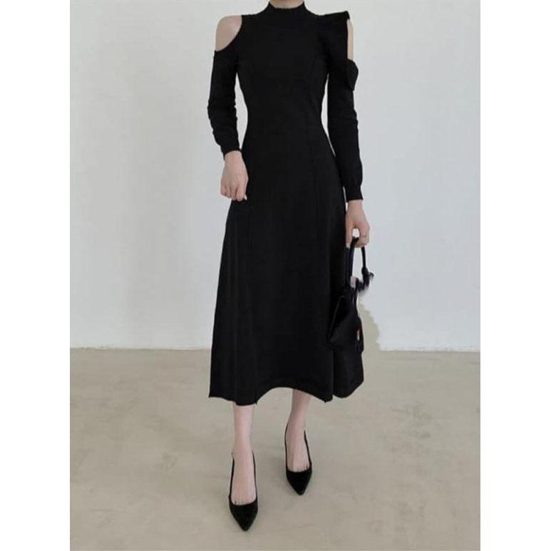 Cold Shoulder Asymmetric Neck Detail Maxi Dress