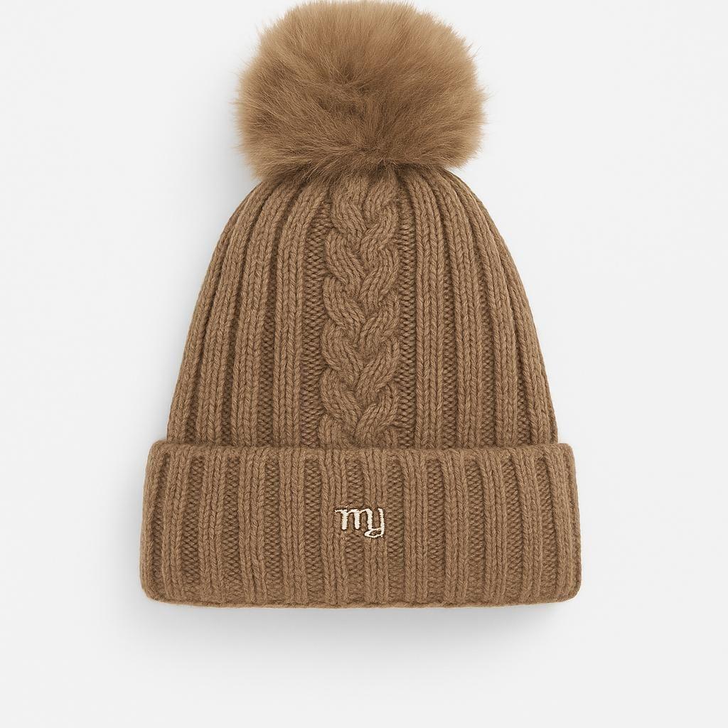 Warm Winter Hat with Faux Fur Bobble Beanie Hat