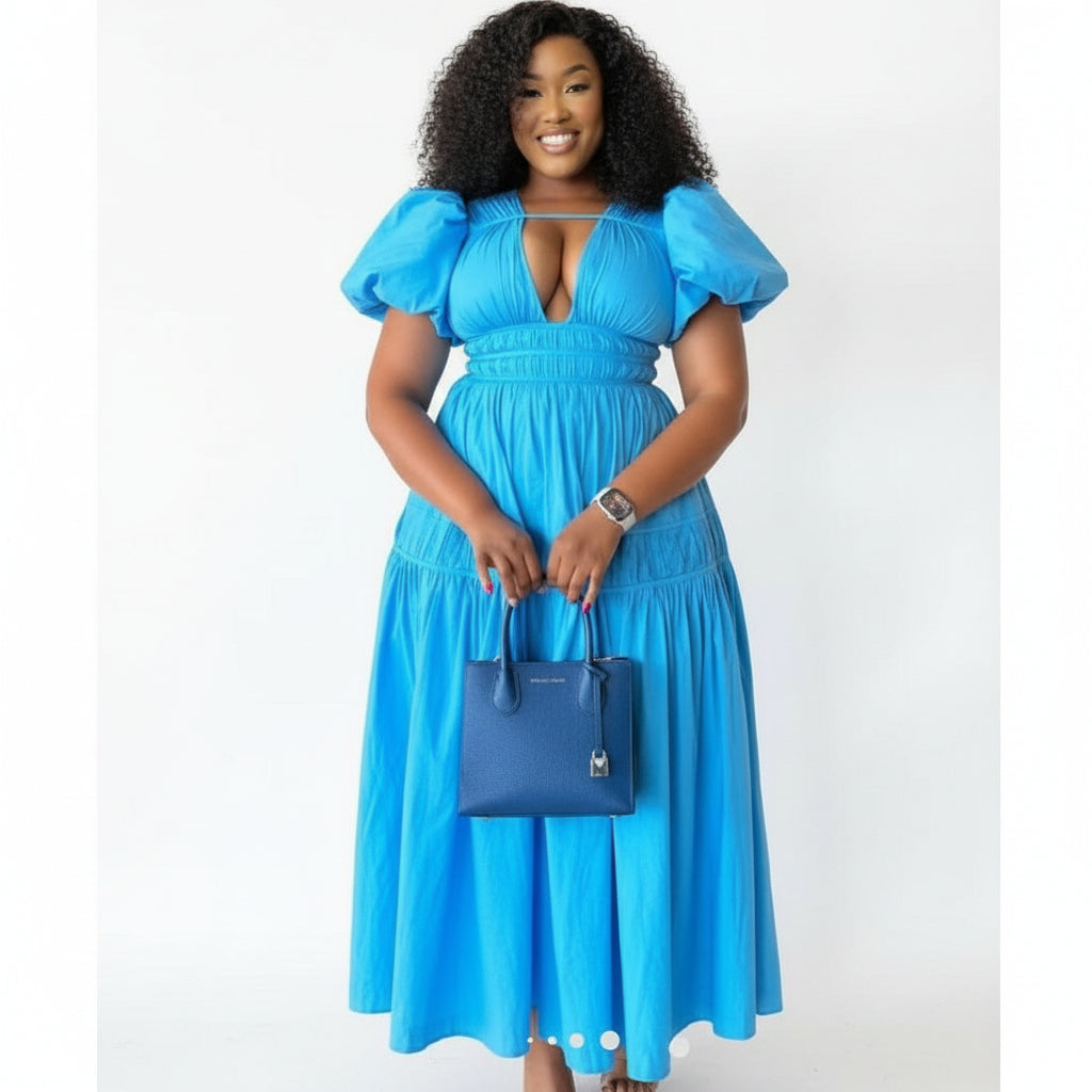 V-Neck Detailed Puffer Sleeve Maxi Dress