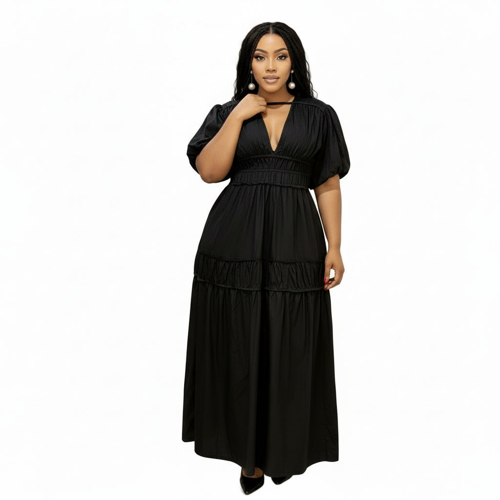 V-Neck Detailed Puffer Sleeve Maxi Dress