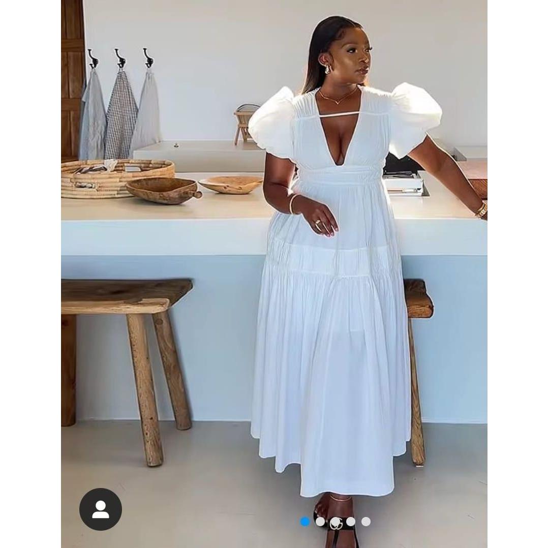 V-Neck Detailed Puffer Sleeve Maxi Dress