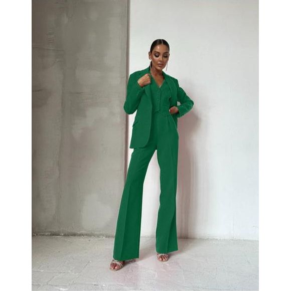 Solid Color Suit Buttoned Jacket And Pants with Vest 3 Piece Set