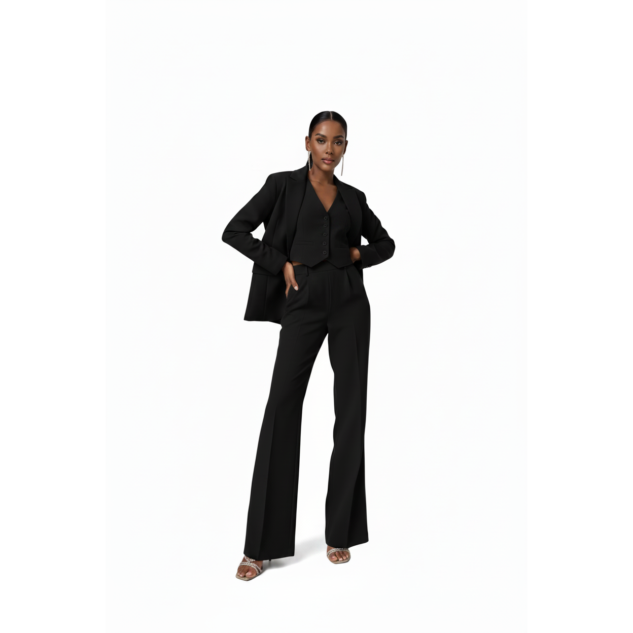 Solid Color Suit Buttoned Jacket And Pants with Vest 3 Piece Set