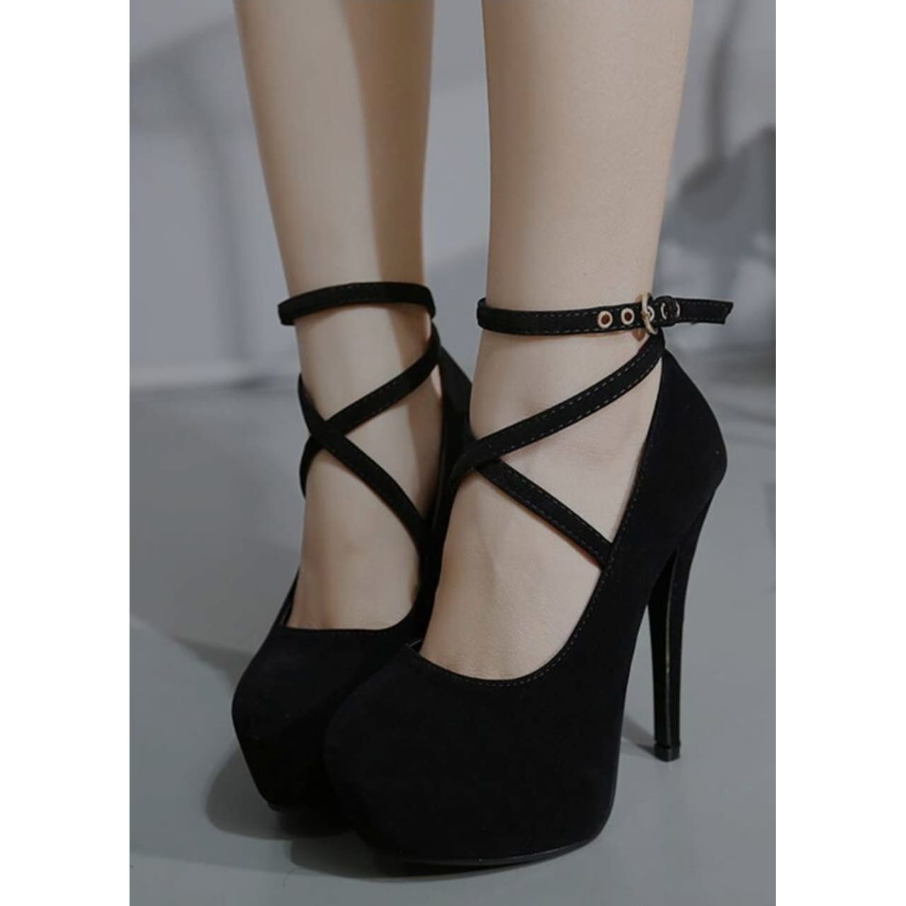 Criss Cross Platform Stiletto Heeled Faux Suede Ankle Strap Pumps