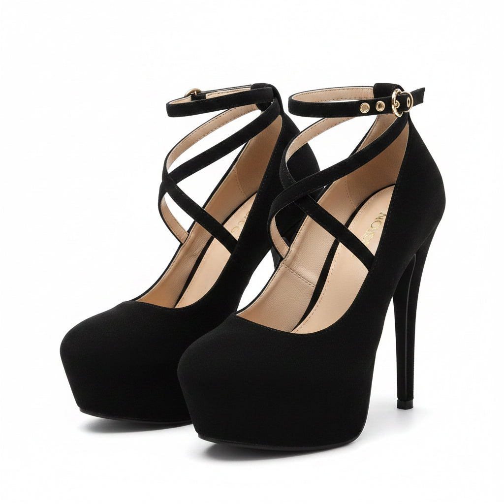 Criss Cross Platform Stiletto Heeled Faux Suede Ankle Strap Pumps