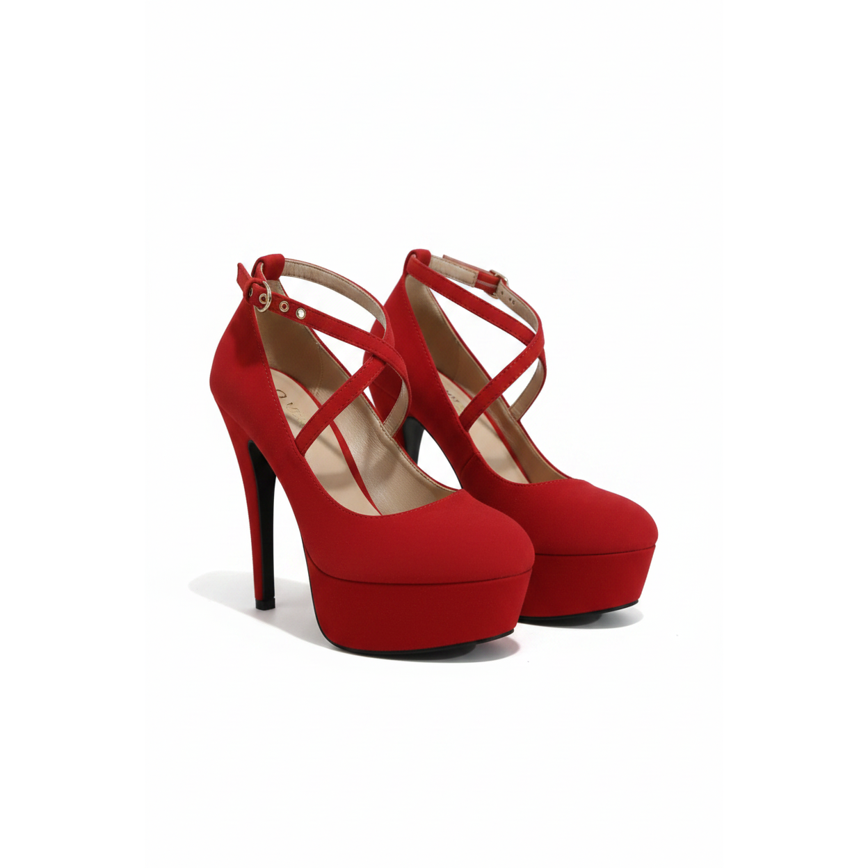 Criss Cross Platform Stiletto Heeled Faux Suede Ankle Strap Pumps