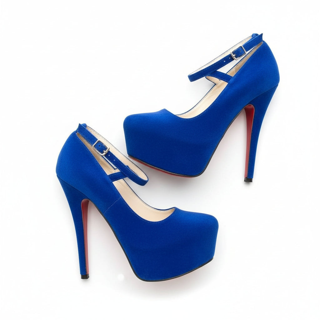 Criss Cross Platform Stiletto Heeled Faux Suede Ankle Strap Pumps