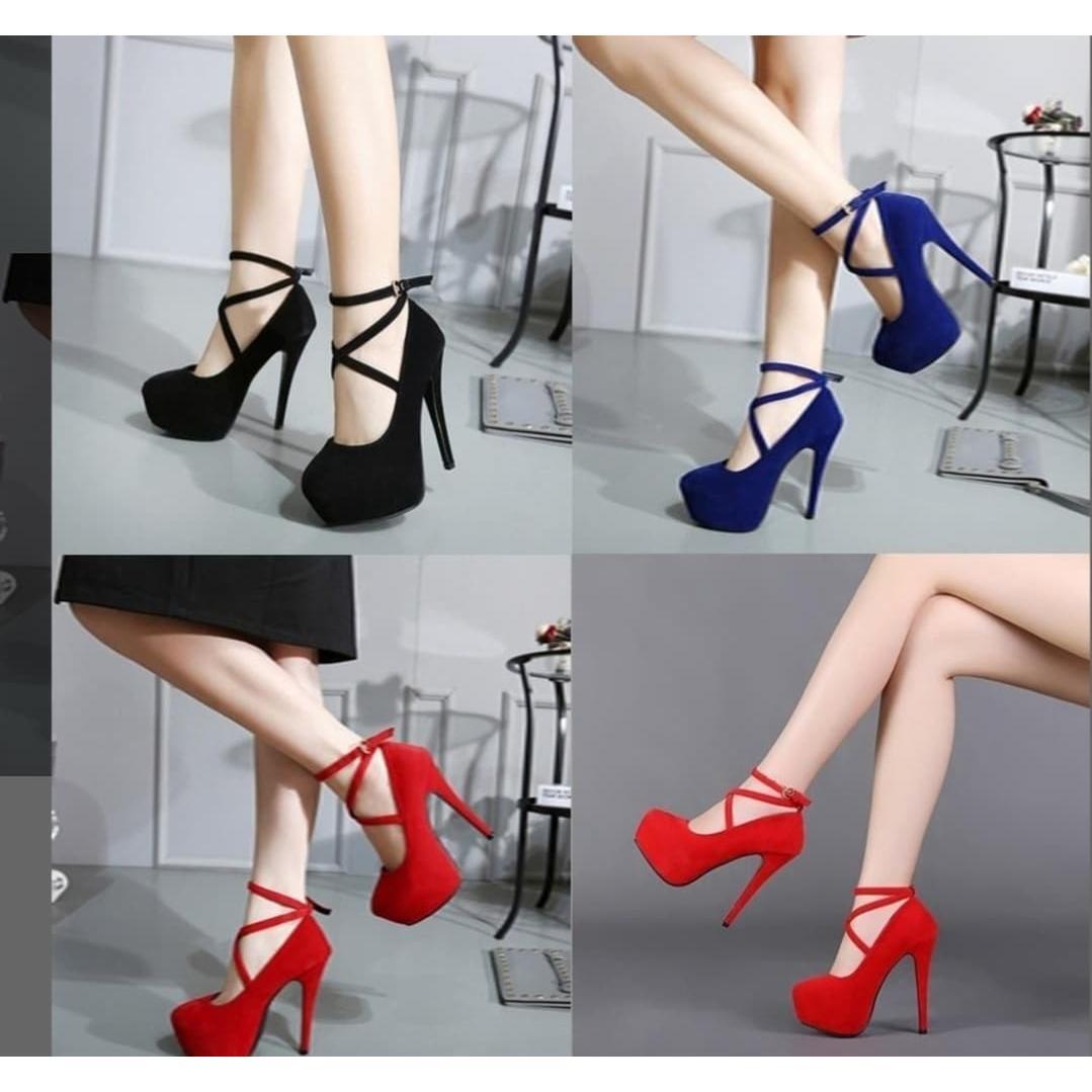 Criss Cross Platform Stiletto Heeled Faux Suede Ankle Strap Pumps