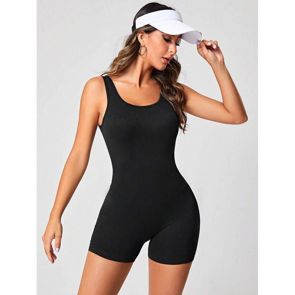 Square Neck Open Back Romper One Piece Tummy Control Short Jumpsuits