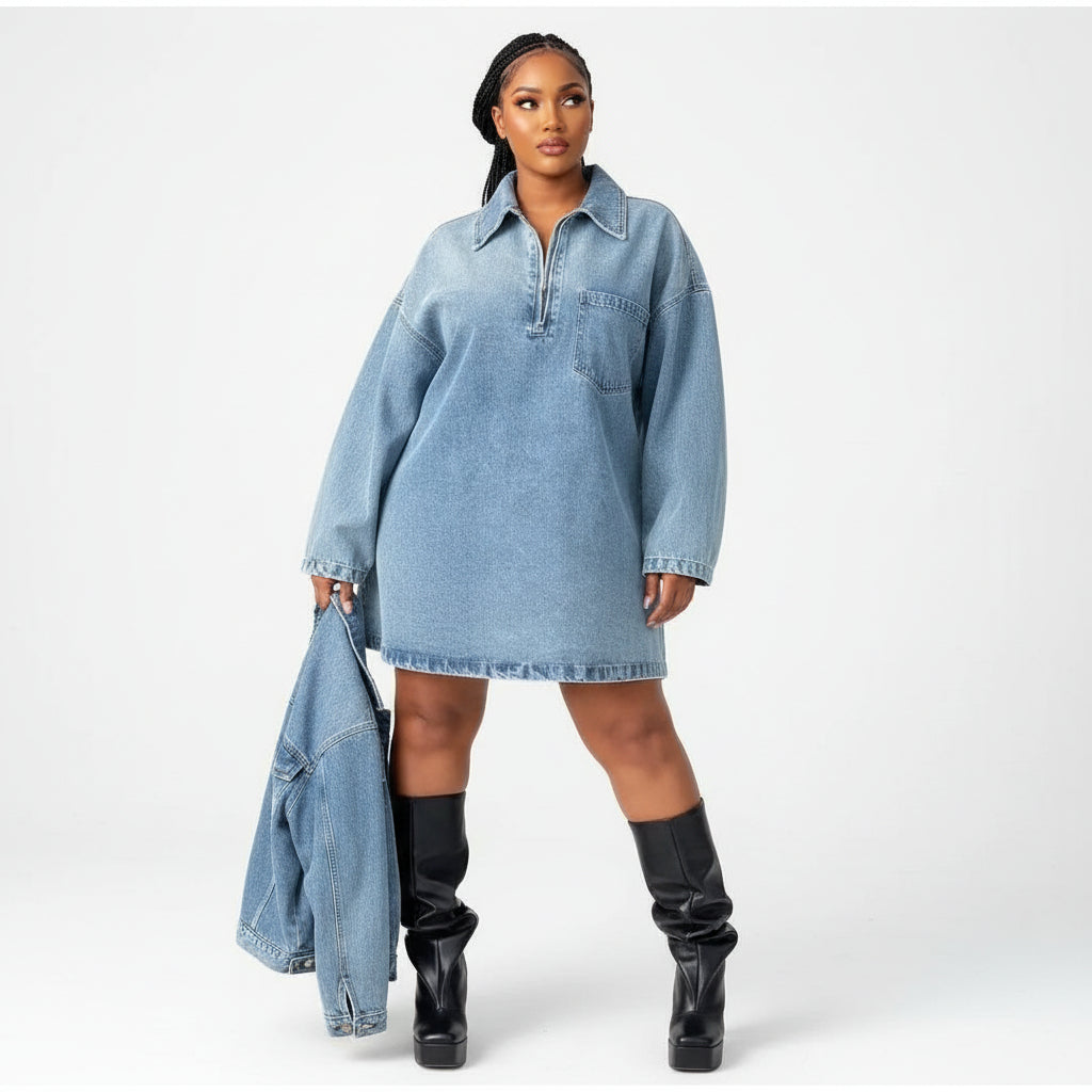 Plus Size ZABA Women’s Denim Dresses Lapel Zip Mini Long Sleeve Dresses