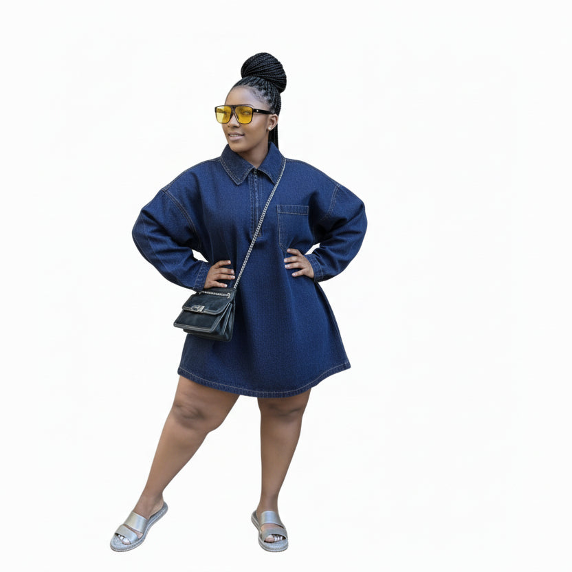 Plus Size ZABA Women's Denim Dresses Lapel Zip Mini Long Sleeve