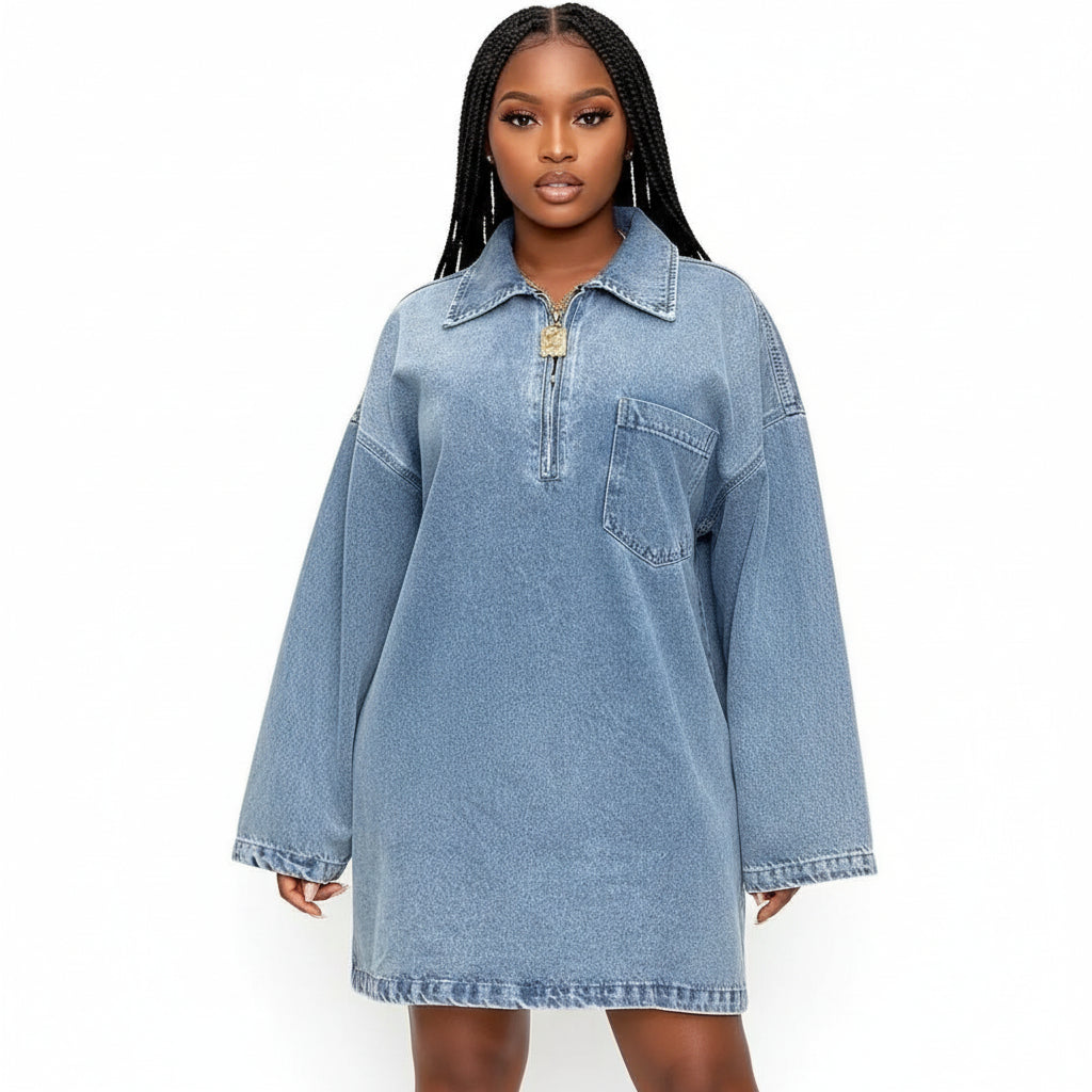 Plus Size ZABA Women’s Denim Dresses Lapel Zip Mini Long Sleeve Dresses