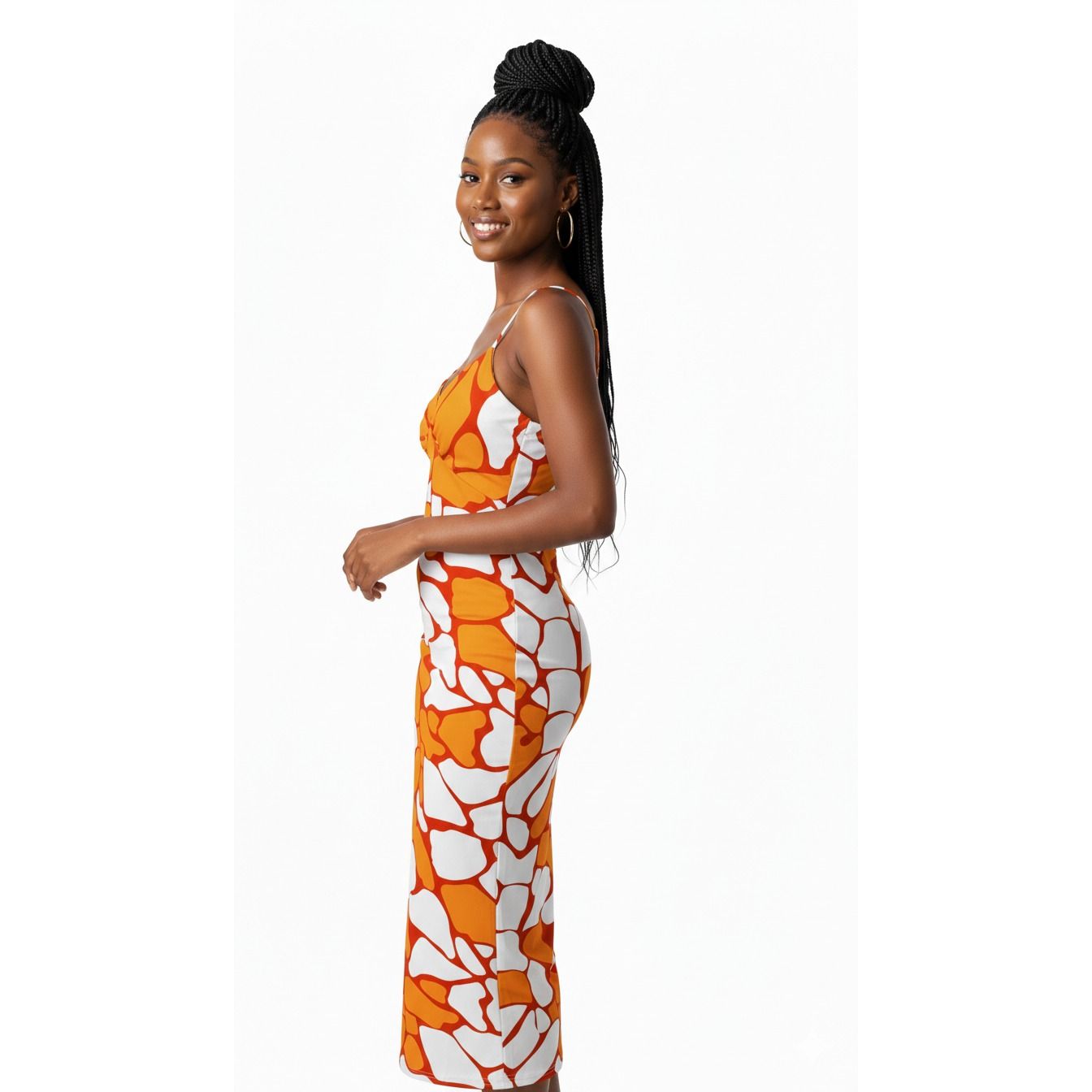 Spaghetti Straps White and Black Printed Midi Dress.
