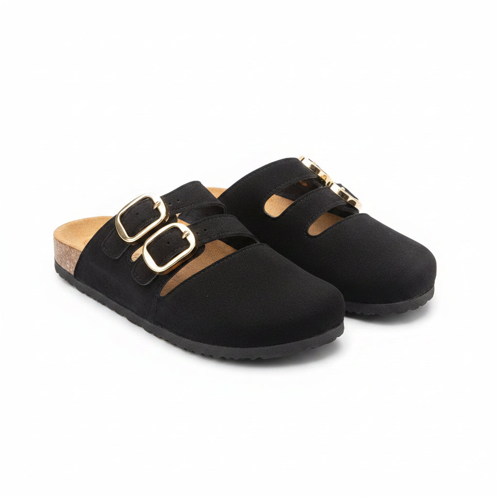 Double-Buckle Suede Slide Sandals