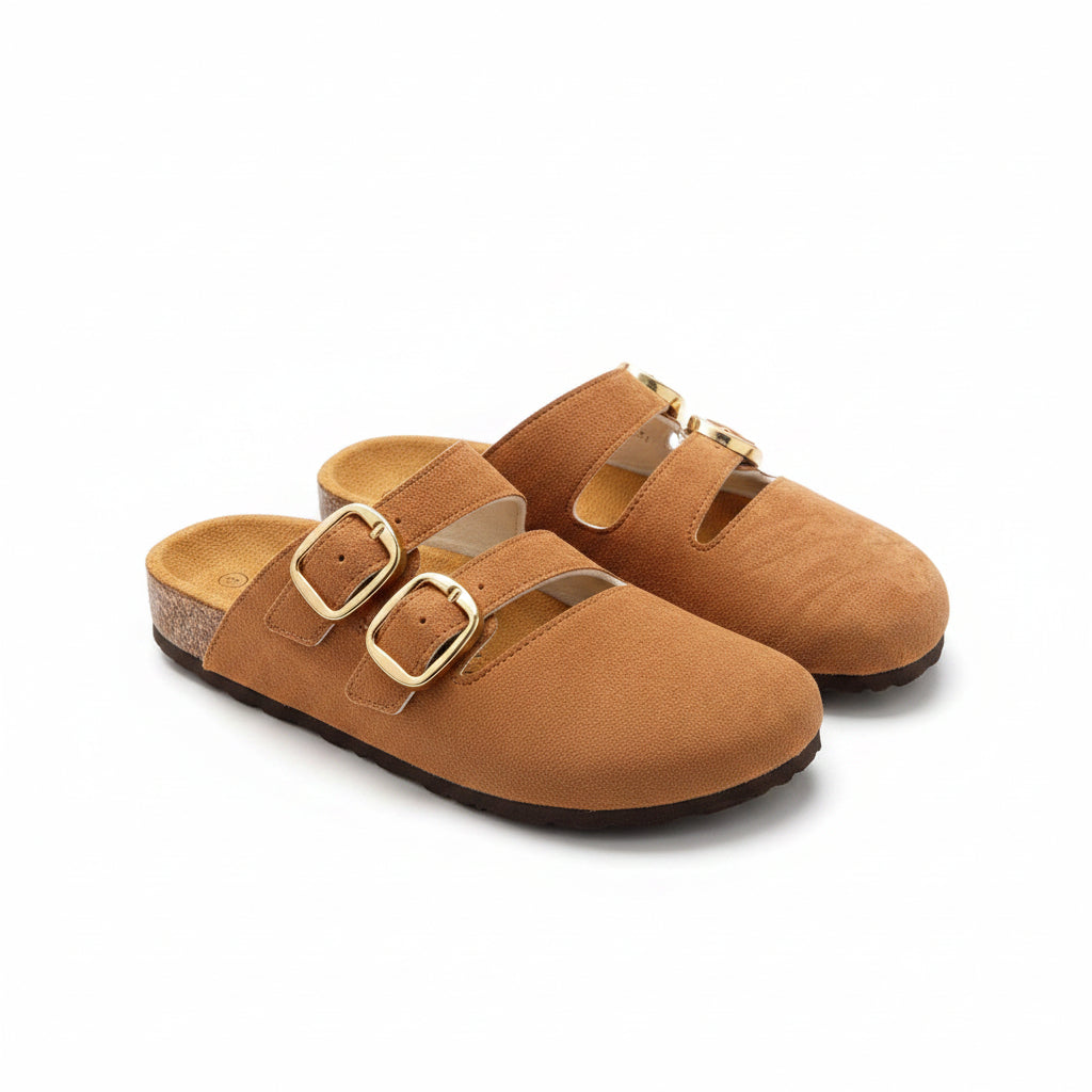 Double-Buckle Suede Slide Sandals