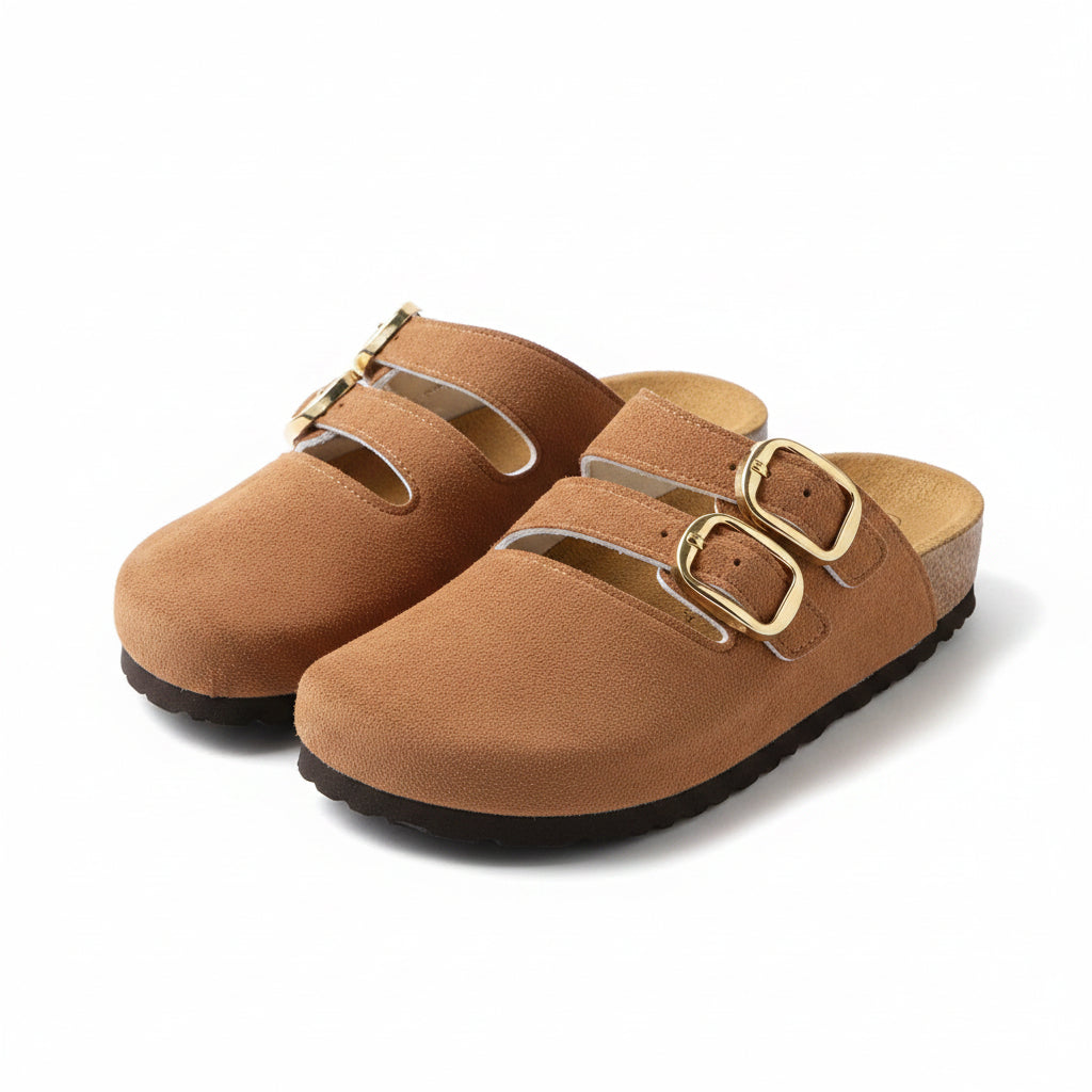 Double-Buckle Suede Slide Sandals
