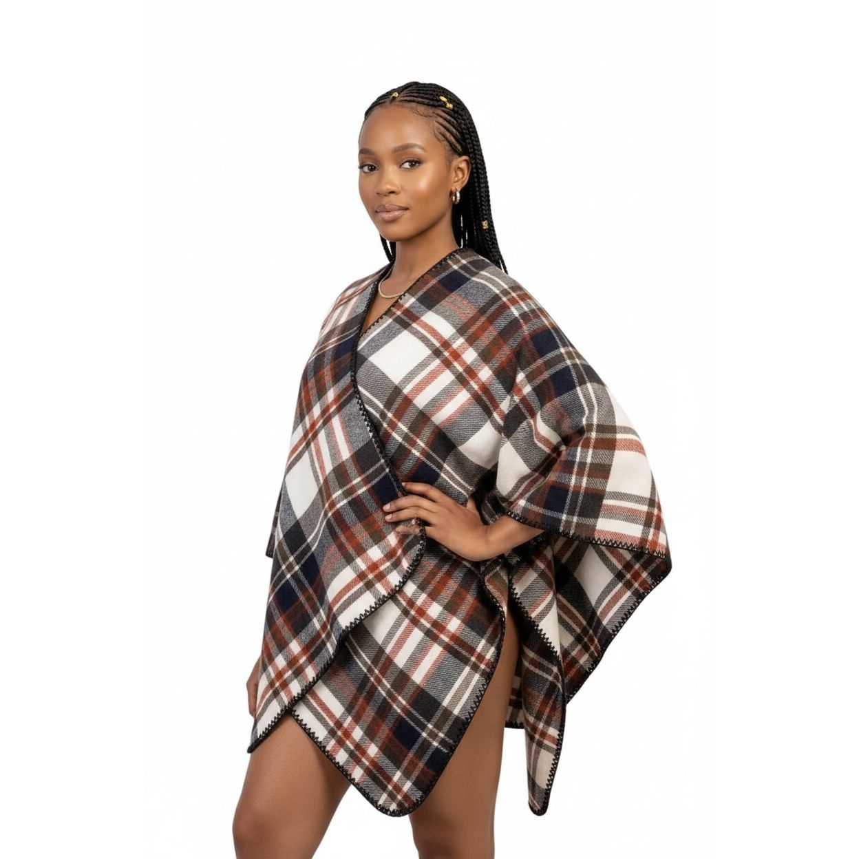Plaid Blanket Open-Front Check Pattern Shawl
