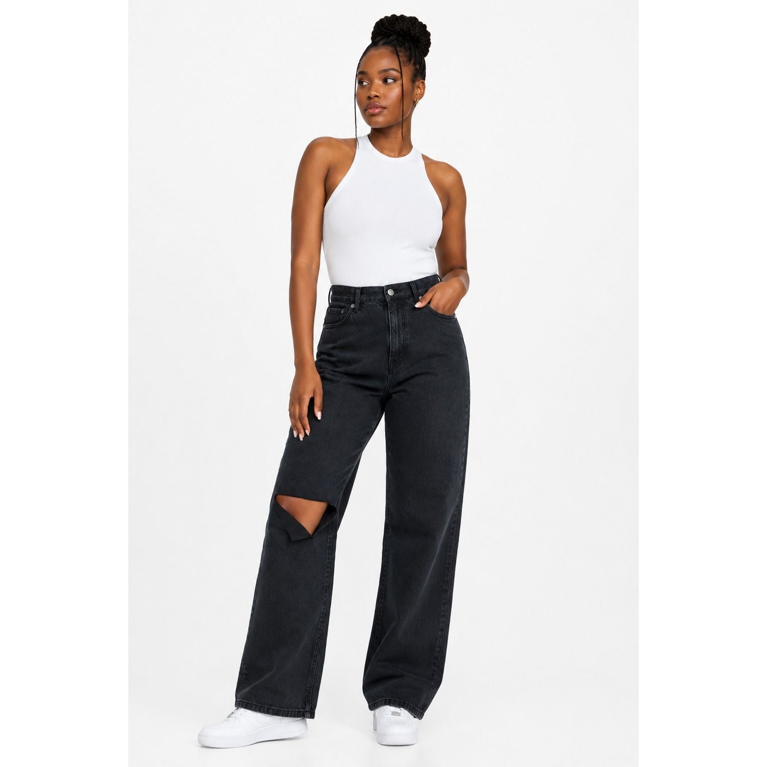 High Waist Slant Pocket Cord Black Pants