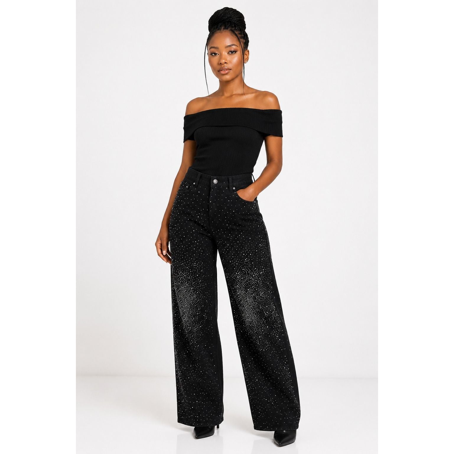 Black High Waist Rhinestone Embellished Wide-Leg Jeans