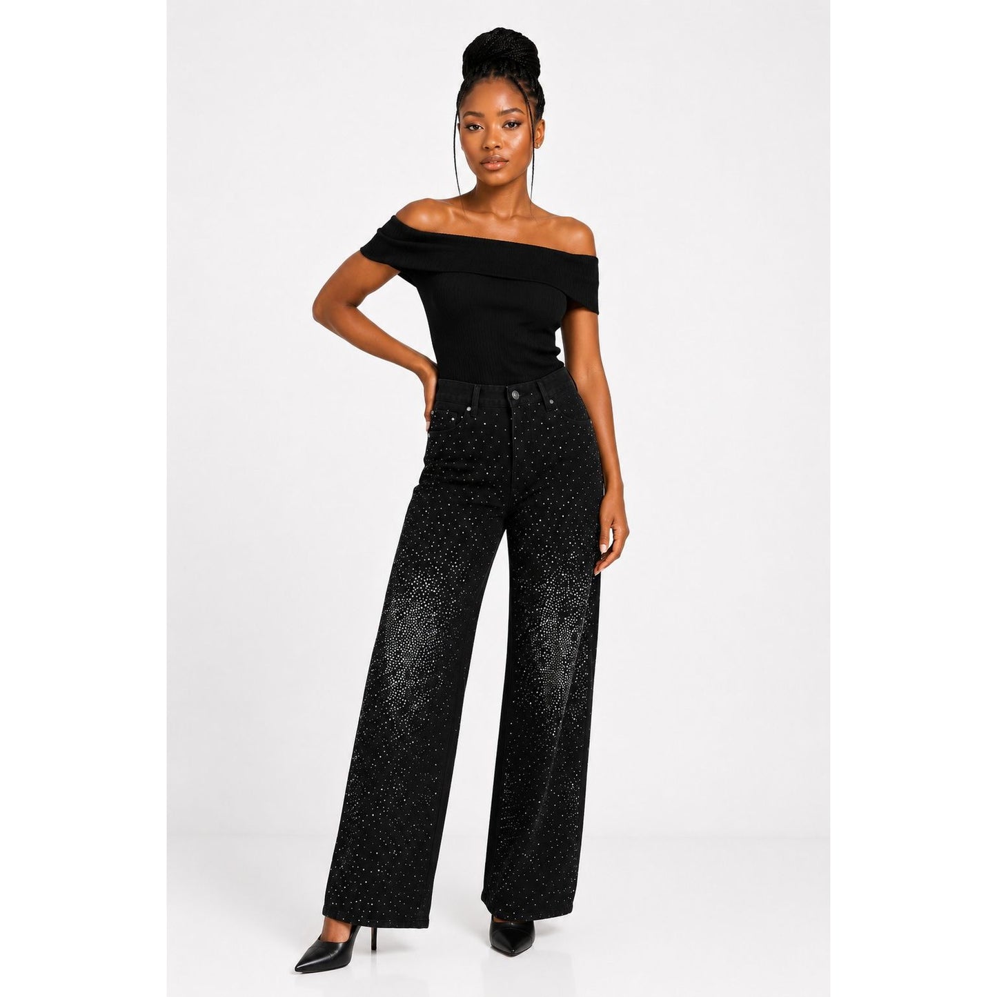 Black High Waist Rhinestone Embellished Wide-Leg Jeans