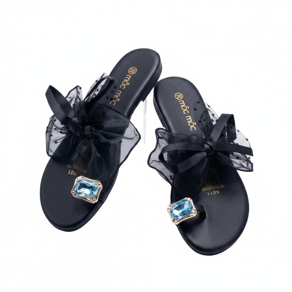 Sheer Dotted Mesh Bow Toe-Ring Sandals