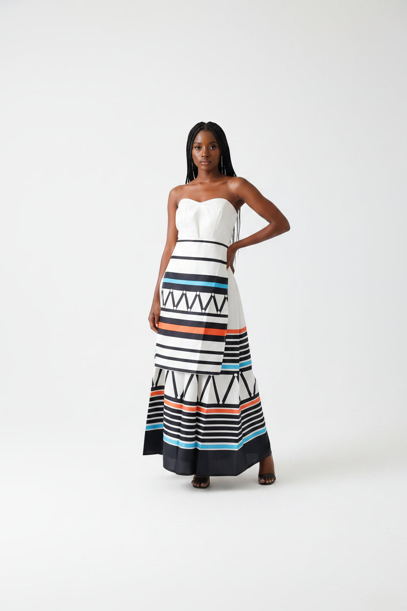 Strapless Geometric Print Traditional Maxi Dress