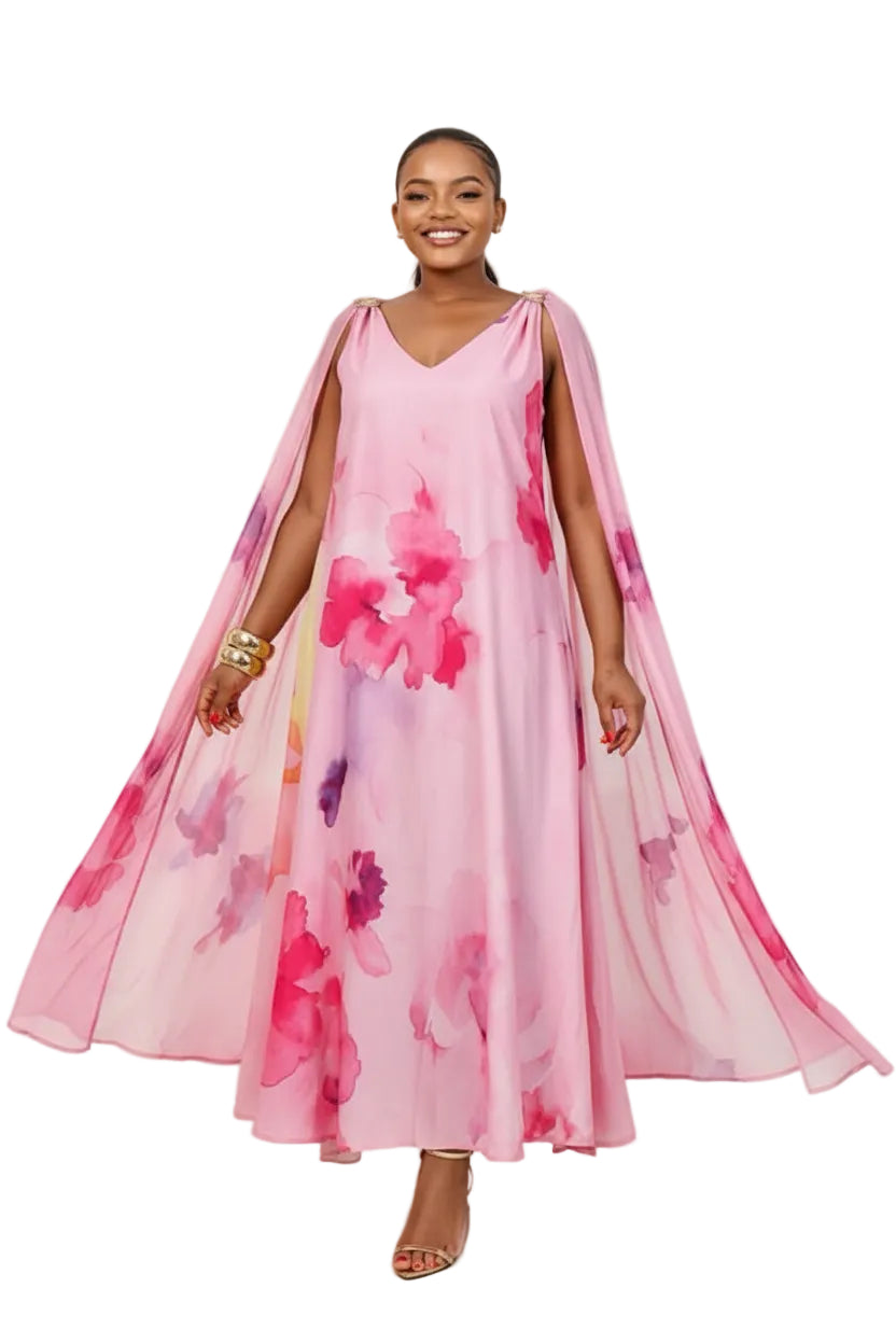 Floral Print V-Neck Maxi Sheer Cape Sleeves Elegant Evening Dress