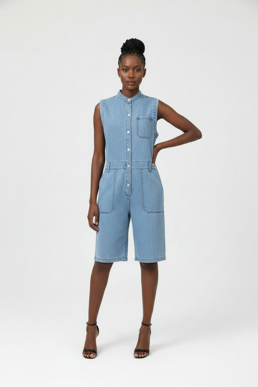 Button Front Sleeveless Denim Above Knee Jumpsuit