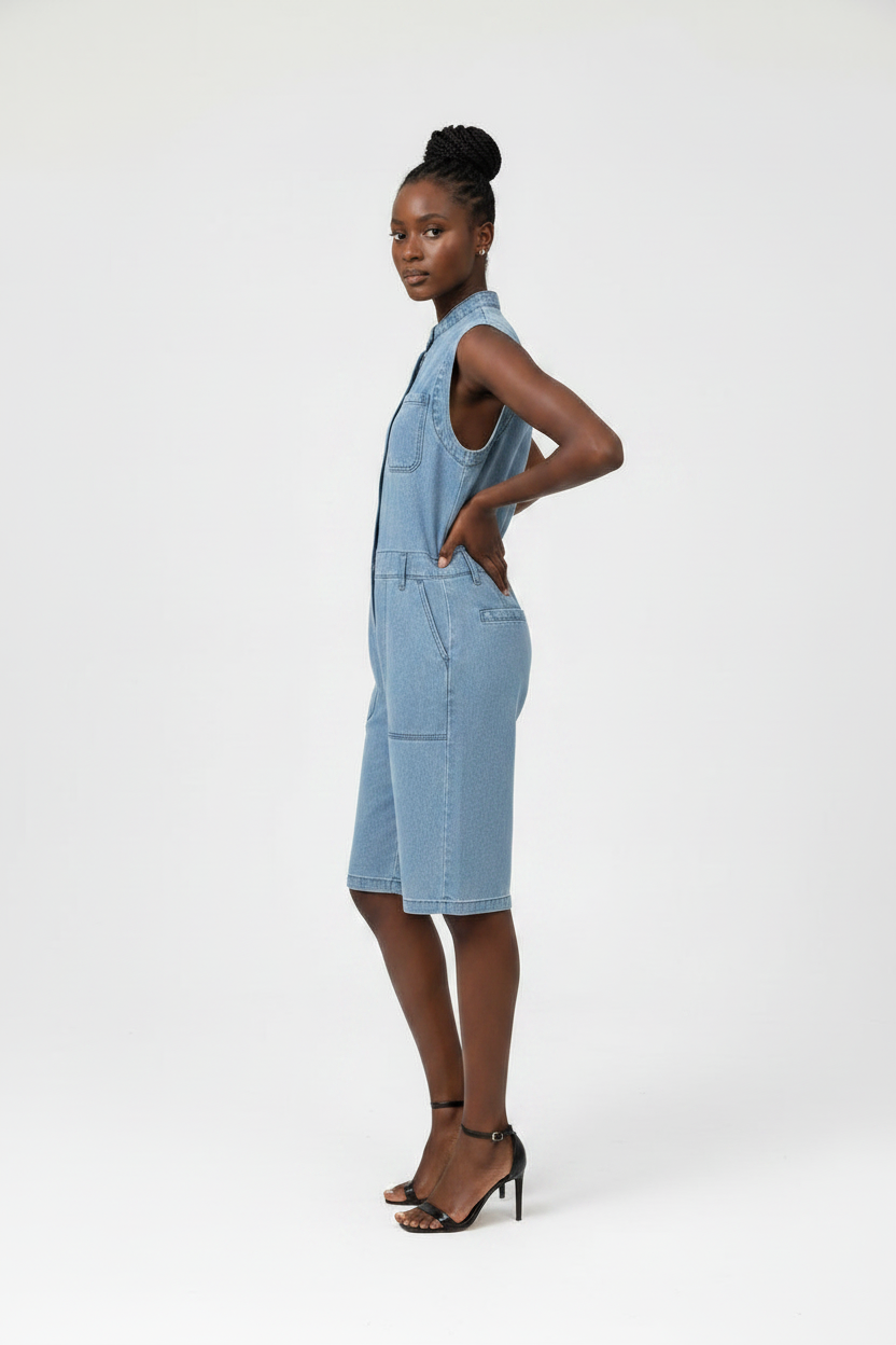 Button Front Sleeveless Denim Above Knee Jumpsuit