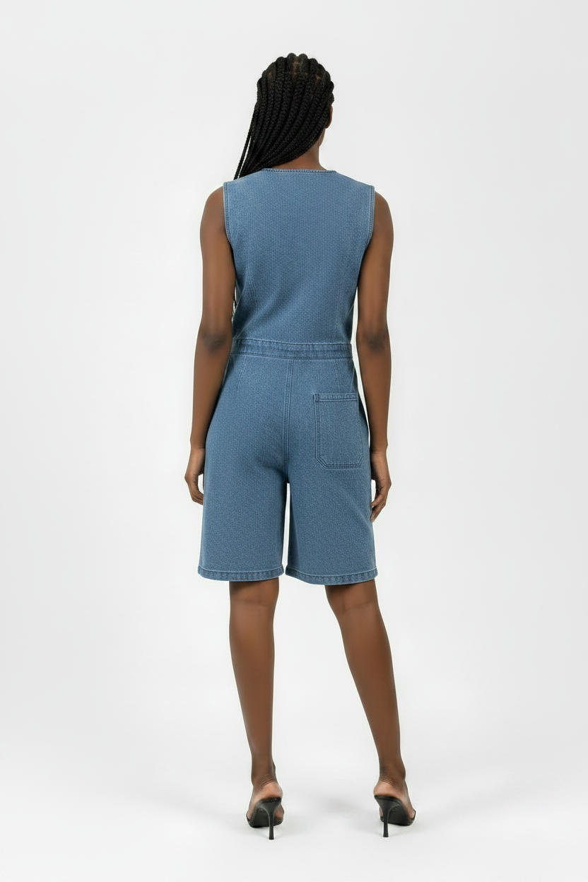 Button Front Sleeveless Denim Above Knee Jumpsuit