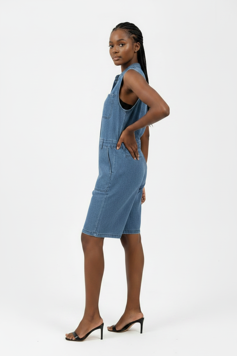 Button Front Sleeveless Denim Above Knee Jumpsuit