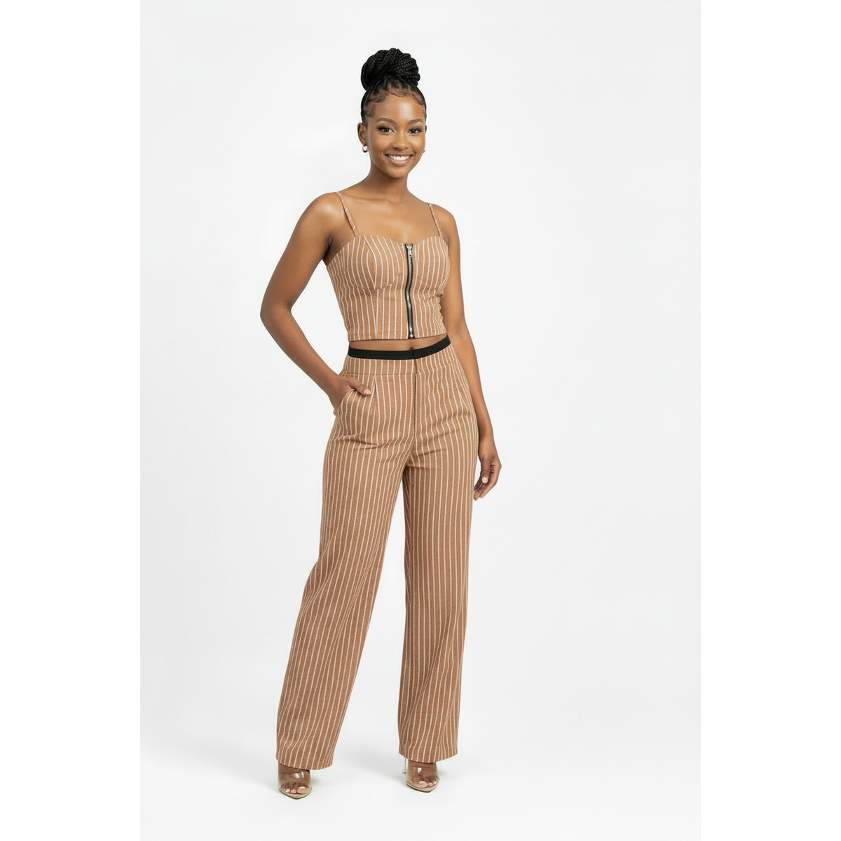 Women's Pinstripe Two-Piece Tracksuit Set | Zip Jacket & Flared Pants