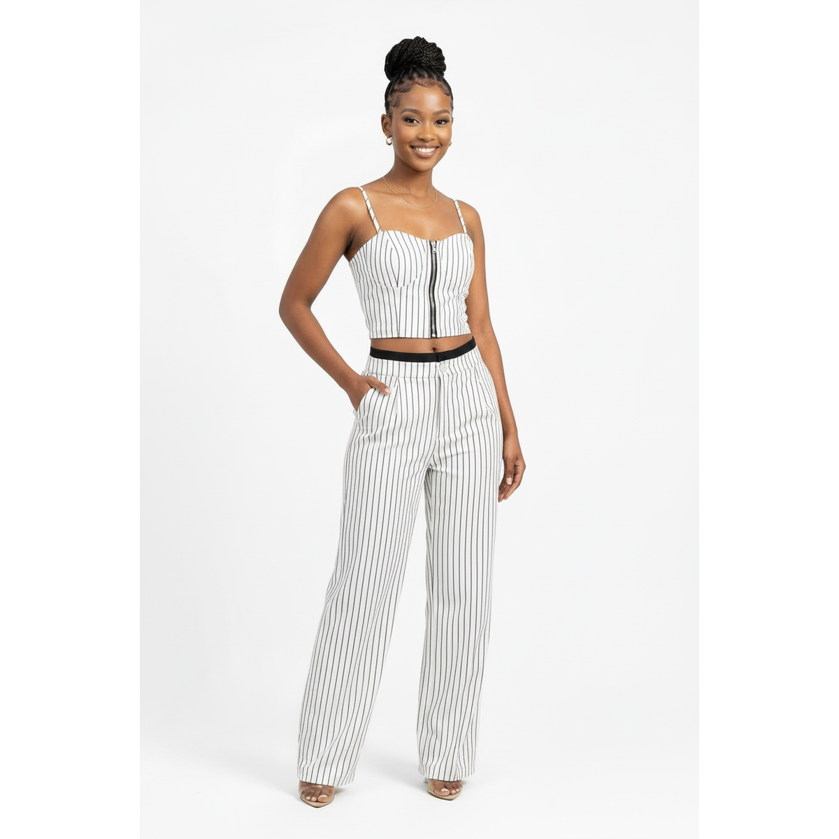 Women's Pinstripe Two-Piece Tracksuit Set | Zip Jacket & Flared Pants