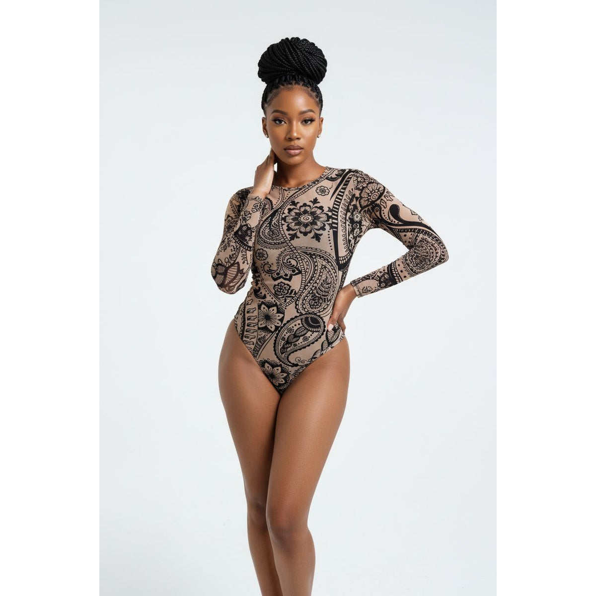 Allover Print Mesh Bodysuit – Seamless Form-Flattering Fit