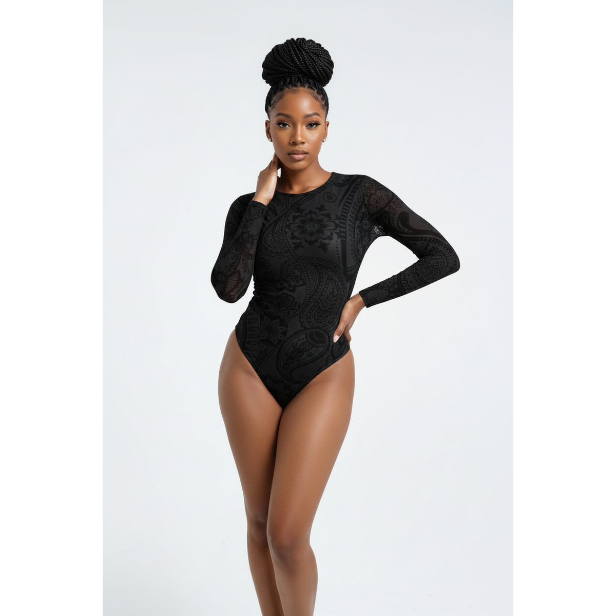 Allover Print Mesh Bodysuit – Seamless Form-Flattering Fit
