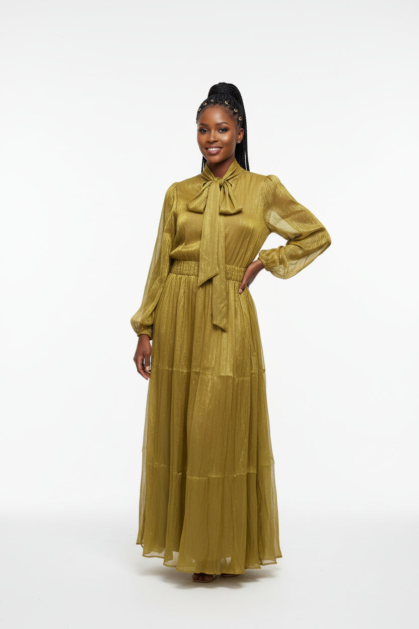 Women's High-Neck Pleated Waist Long Dress