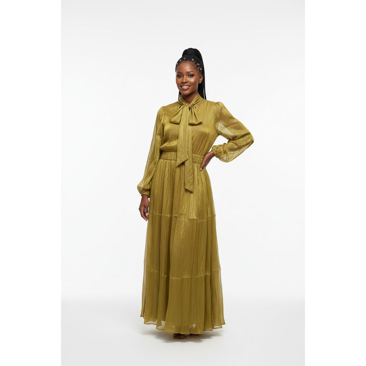 Women's High-Neck Pleated Waist Long Dress
