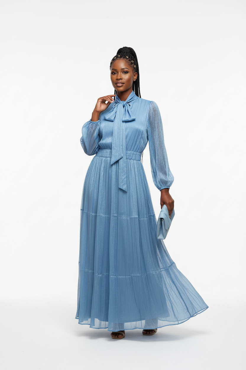 Women's High-Neck Pleated Waist Long Dress