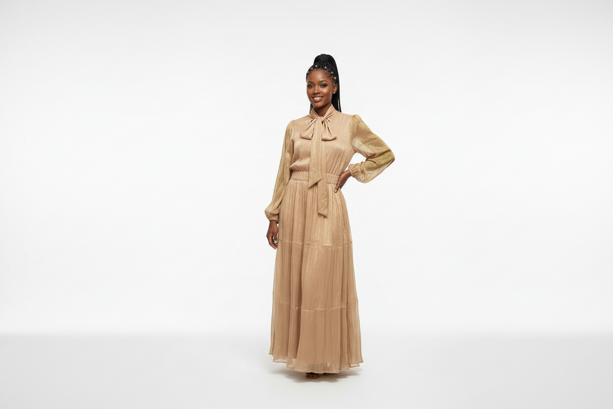 Women's High-Neck Pleated Waist Long Dress