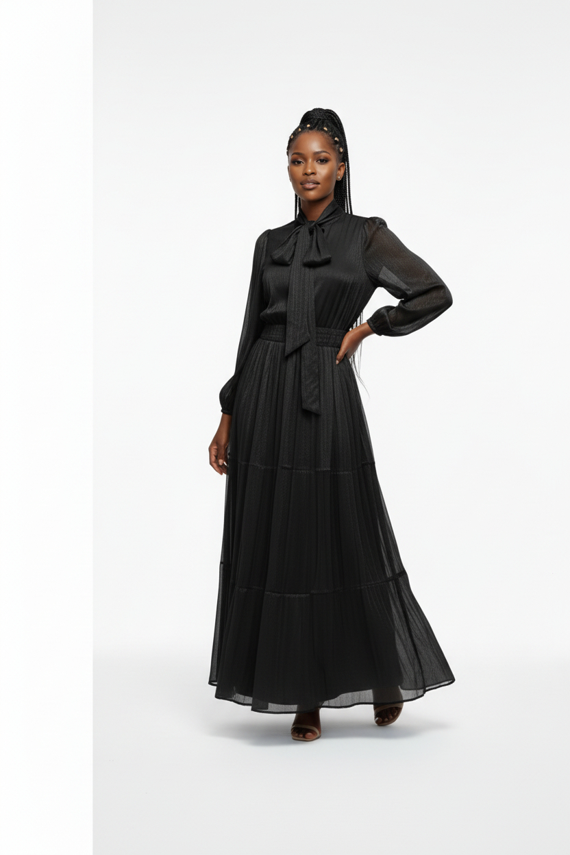 Women's High-Neck Pleated Waist Long Dress