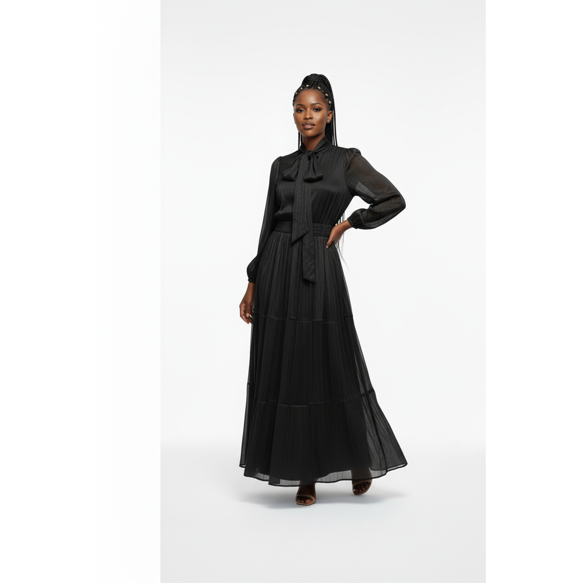 Women's High-Neck Pleated Waist Long Dress